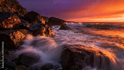 Dramatic Sunset Over a Rocky Coastline with Long Exposure Ocean Waves Crashing Against Boulders. Vibrant Orange and Purple Sky Reflected in Moving Water, Scenic Nature Seascape Landscape.