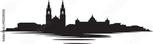 cathedral skyline silhouette in black and white with water reflection iconic city architecture