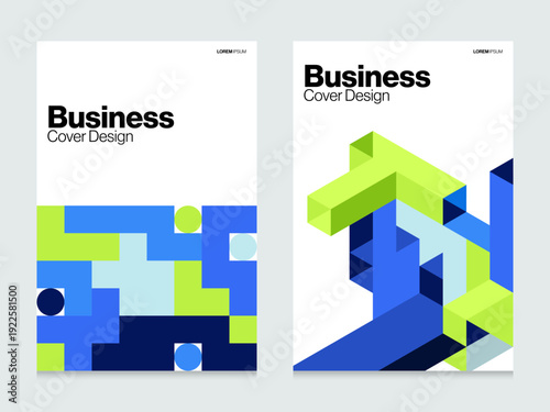 Set of modern abstract geometric business cover template design. Isometric flat design in blue and green layout