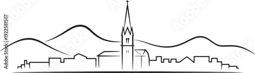 City skyline sketch drawing with church tower and mountain range silhouette vector illustration