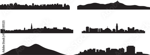 Cityscape and landscape silhouette collection featuring diverse world skylines isolated on transparent background