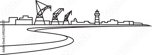 Coastal industrial zone with shipyard cranes and beacon lighthouse overlooking curved shoreline