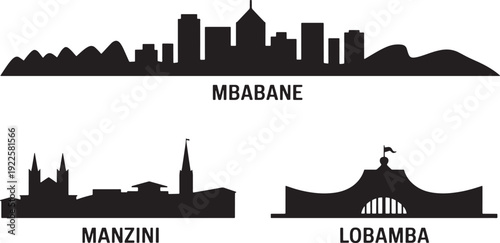 Collection of swazi cities skylines mbabane manzini lobamba vector silhouette designs