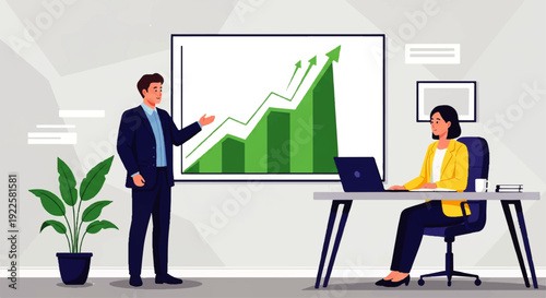 Business presentation with growing chart and business professionals collaborating in an office setting
