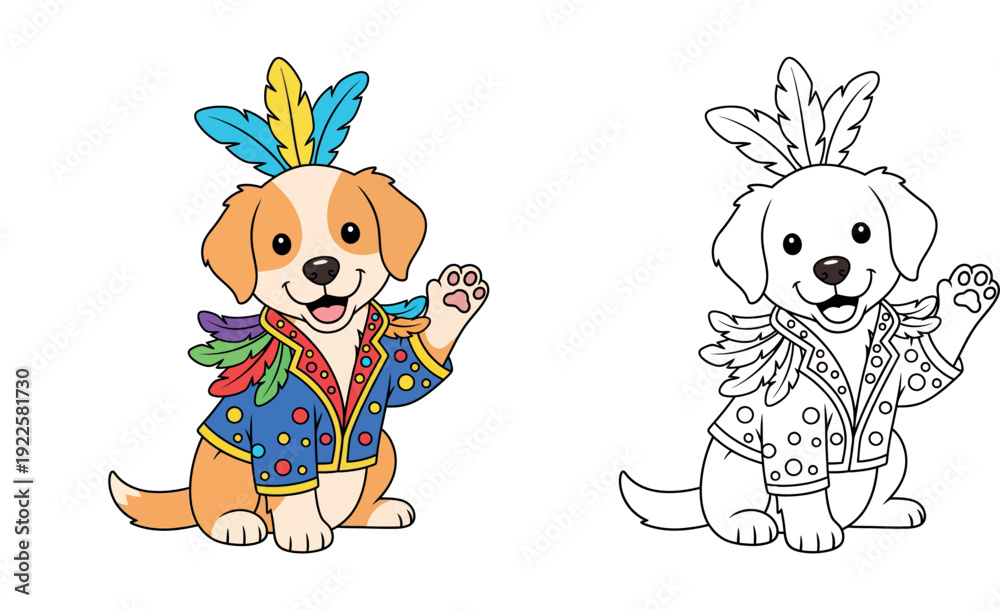 Obraz premium Cute cartoon puppy dog wearing colorful carnival costume with feathers waving paw vector