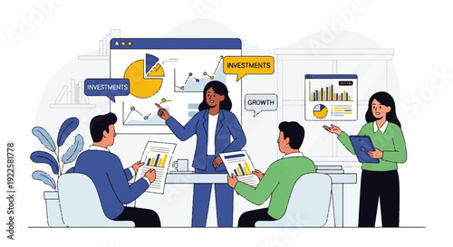 Business professionals in a meeting, discussing investments and growth with charts and graphs displayed on screens