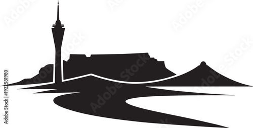 Modern city landmark silhouette with tall observation tower and mountain range horizon line