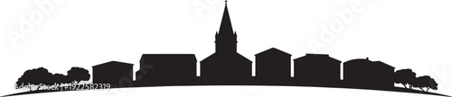 Town skyline silhouette with church tower and residential houses on curved hill landscape view