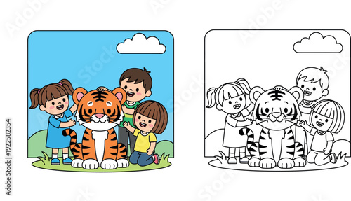 Cute cartoon children playing with a friendly tiger vector illustration
