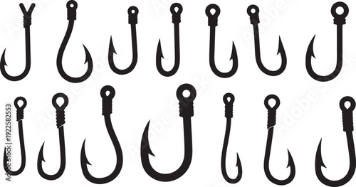 Collection of black fishing hooks on white background