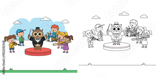 Cute cartoon children playing musical instruments with an owl conductor vector illustration