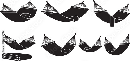 Illustration of various hammock designs and positions in black