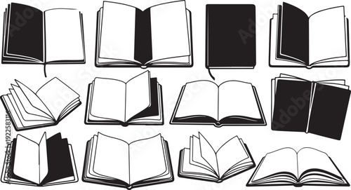Collection of open and closed books in black white