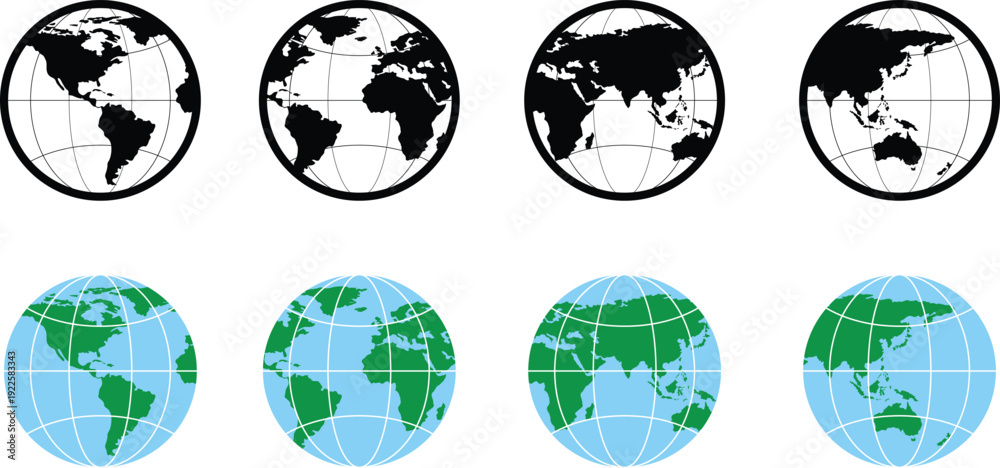 Obraz premium PrWorld Map Globe Icon Set – Global Earth Hemisphere Views in Flat and Monochrome Styleint