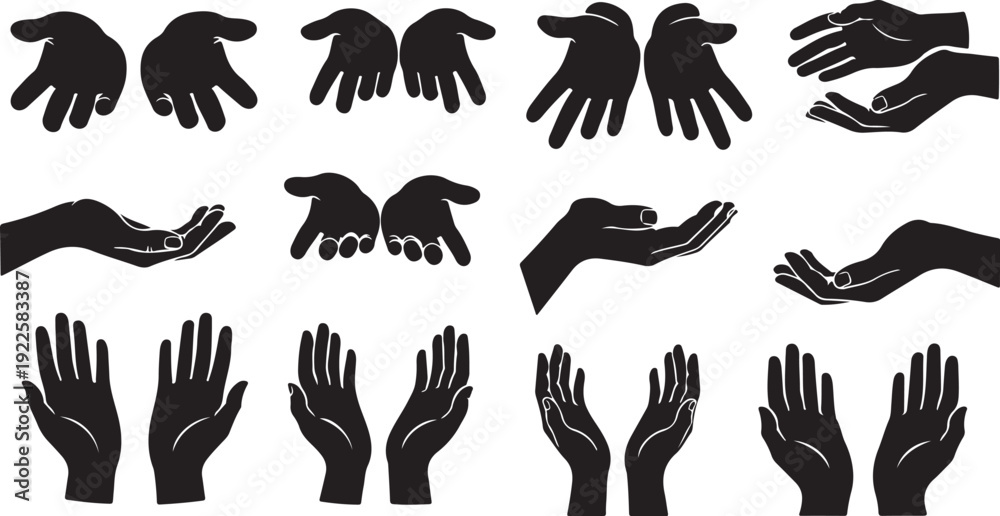 Fototapeta premium Collection of various black hand silhouettes on white background