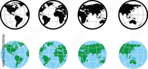 PrWorld Map Globe Icon Set – Global Earth Hemisphere Views in Flat and Monochrome Styleint