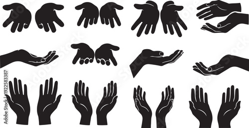 Collection of various black hand silhouettes on white background