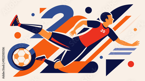 Dynamic soccer player kicking ball in abstract flat style with bold shapes and vibrant colors