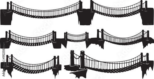 Set of suspension bridge silhouettes in various stages shown