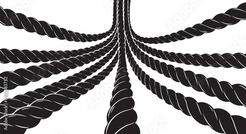 Multiple black ropes converging on a white background perspective