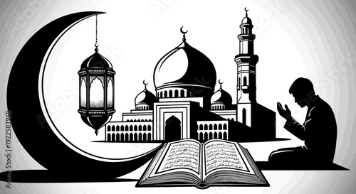 Man Praying Near Mosque and Quran.