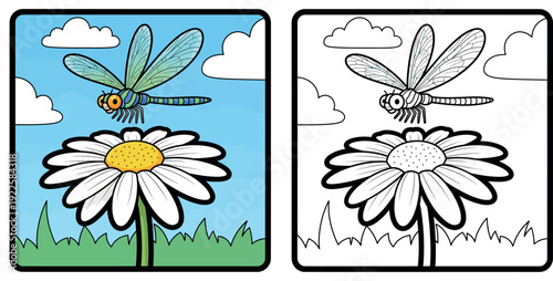 Cartoon vector illustration of a cute green dragonfly hovering above a white daisy flower
