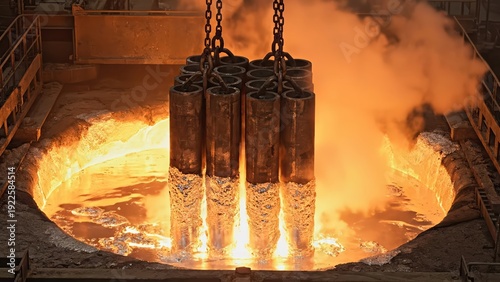 Heavy metal casting process with molten metal pouring from suspended molds into a casting pit, surrounded by smoke and industrial equipment in a manufacturing facility