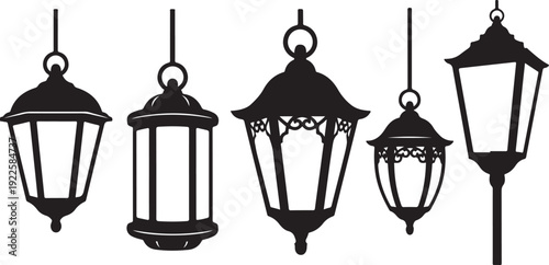 Black Silhouettes of Various Street and Hanging Lanterns