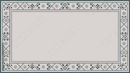 A decorative empty frame with a floral pattern and geometric design on a beige background