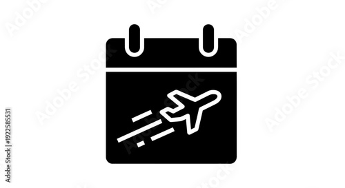 Travel calendar icon featuring an airplane in flight on a calendar page viewed from directly above