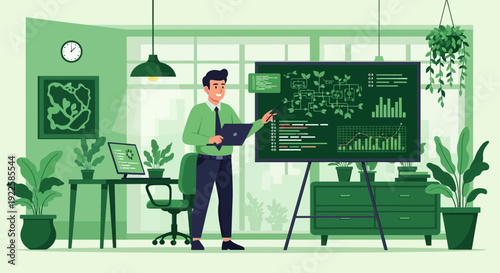 Man Standing Near Blackboard in Office.