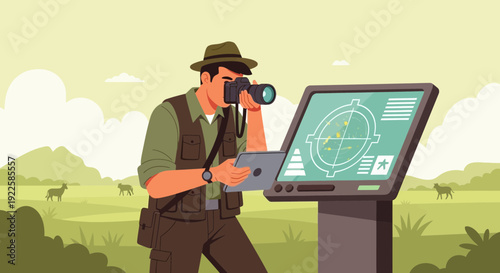 Man using binoculars and digital device outdoors.