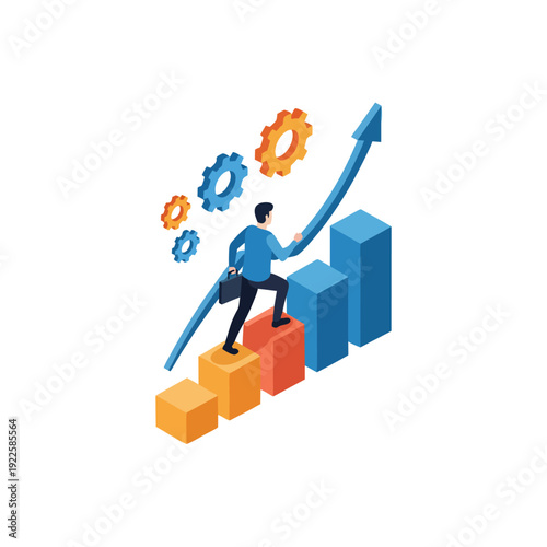 Businessman climbing growth chart with gears, symbolizing progress and success.