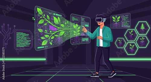 Man Using Virtual Reality Headset Interacting with Digital Plants.