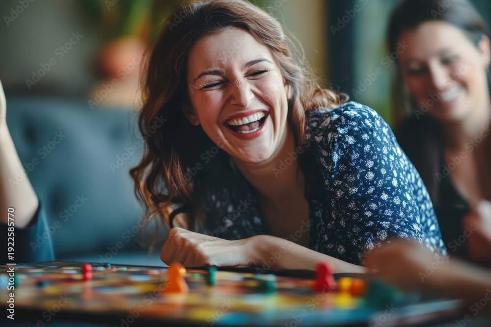 Fototapeta premium Friends enjoy a lively board game night filled with laughter and fun at a cozy cafe