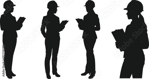 Set of silhouettes of female civil engineers and architects wearing safety helmets and holding clipboards for industrial building project inspection on white background concept.