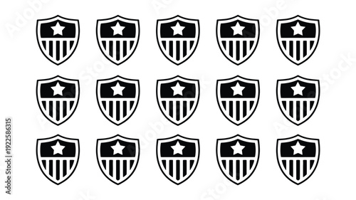 Collection of 12 bold black vector shield icons with stars and stripes on white background for security and protection concepts