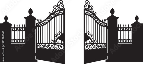Ornate Iron Gate and Fence Silhouette Illustration Design Element