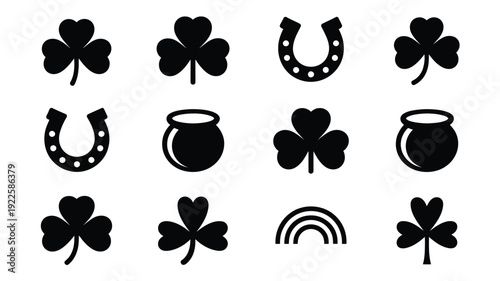 St patrick's day icons set including clover horseshoe pot of gold and rainbow on white background