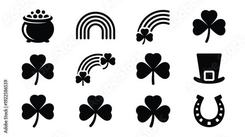 St patrick's day icons set including shamrocks rainbow pot of gold and leprechaun hat on white background