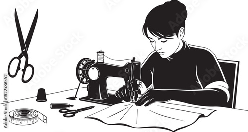Woman Sewing Fabric with Vintage Sewing Machine Black and White Illustration