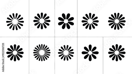 Collection of abstract black and white flower designs arranged in a grid pattern with varying petal shapes and styles on a clean white background