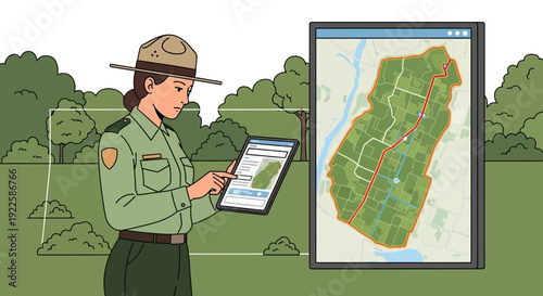 Park Ranger Examining Map on Digital Device.