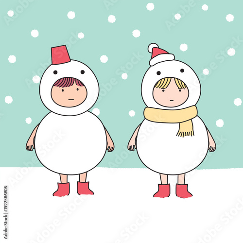 雪降るなかで雪だるまの着ぐるみを着た男の子と女の子（col、ベクター）