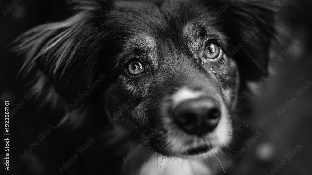 Fototapeta premium Dog portrait close up with focused eyes and detailed fur in black and white, showing emotion and texture in animal photography with shallow depth of field.