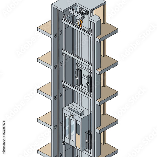 Detailed technical drawing of a modern elevator system with multiple floors.