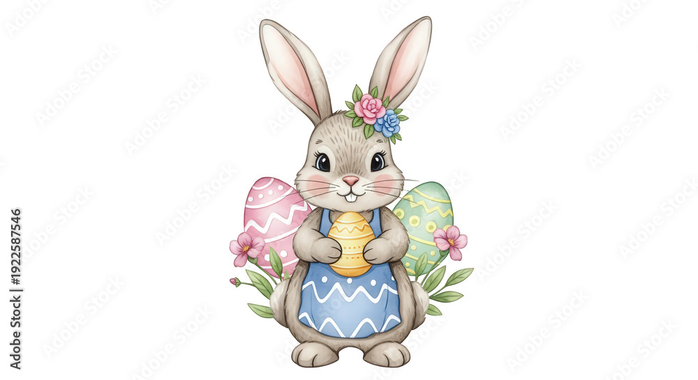 Obraz premium Easter bunny holding egg with floral crown and decorated eggs, spring illustration