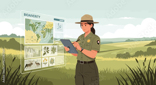 Ranger Examining Digital Map in Field.