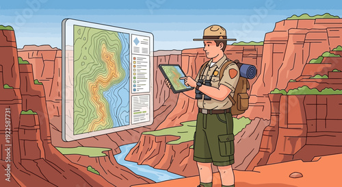 Scout studying map in canyon.