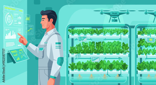 Scientist Inspecting Vertical Farm Crops.